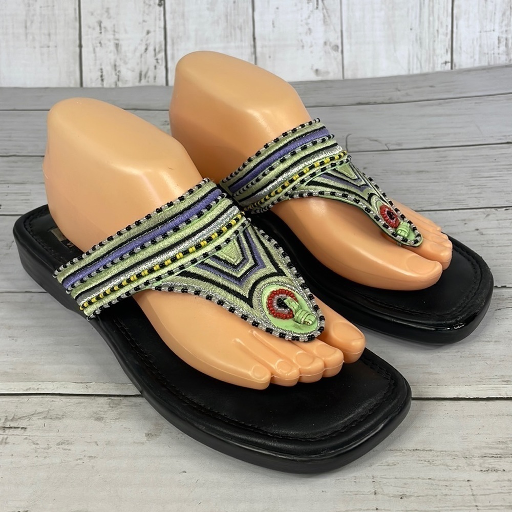 Viintage Beaded Embroidered Thong Square Toe Leather Sandal